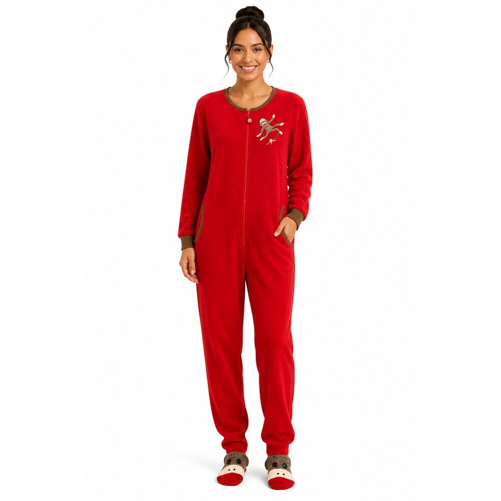 NICK & NORA RED Adult Sock Monkey One Piece Footed Pajama RED Sz S